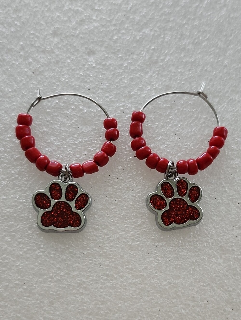 Hand Crafted Red Beaded Hoop Earrings with Paw Charm
